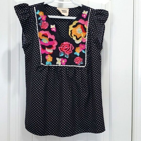 Savanna Jane Tops - Savanna Jane Shirt Womens Small Black Polka Dot Floral Embroidered